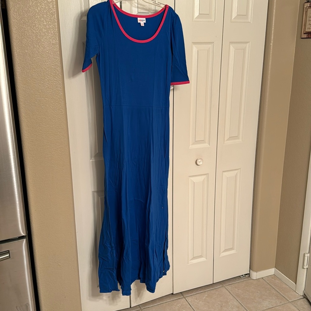 Lularoe Ana dress blue with pink trim neck and arms NWT